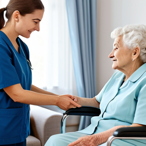 **

A professional female caregiver in a modest uniform assisting a senior woman with dementia. The setting is a bright, clean living room with supportive furniture. The caregiver is speaking calmly and reassuringly. Fully clothed, safe for work, appropriate content, family-friendly, perfect anatomy, correct proportions, natural pose, well-formed hands, proper finger count, natural body proportions, professional photography, high quality.

**