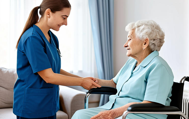 **

A professional female caregiver in a modest uniform assisting a senior woman with dementia. The setting is a bright, clean living room with supportive furniture. The caregiver is speaking calmly and reassuringly. Fully clothed, safe for work, appropriate content, family-friendly, perfect anatomy, correct proportions, natural pose, well-formed hands, proper finger count, natural body proportions, professional photography, high quality.

**