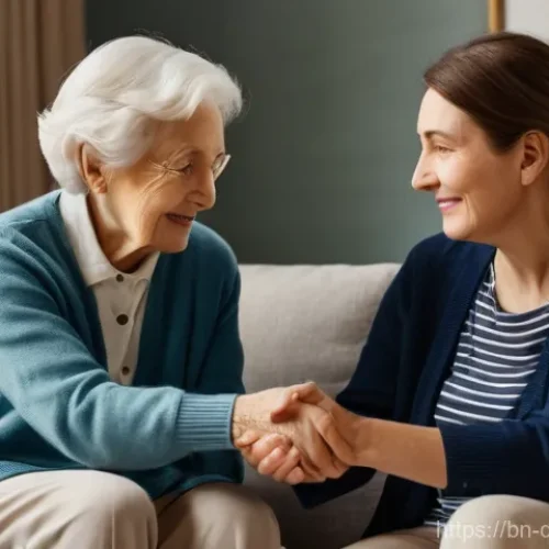 치매관리사 초보자를 위한 가이드 - **Prompt:** A heartwarming scene of an elderly woman with dementia and her adult daughter in a softl...