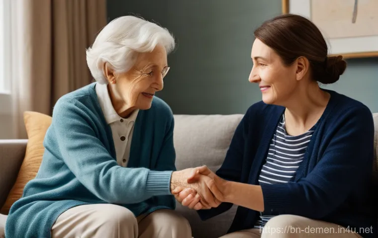 치매관리사 초보자를 위한 가이드 - **Prompt:** A heartwarming scene of an elderly woman with dementia and her adult daughter in a softl...