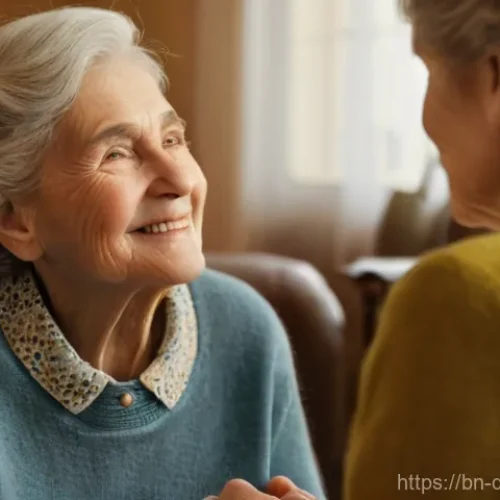 Home 2 치매관리사와 가족 간 소통 방법 - **Prompt 1: A Moment of Gentle Reassurance**
A serene, close-up shot of a kind, middle-aged fema...