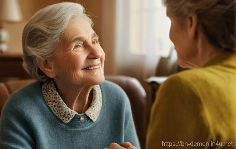 치매관리사와 가족 간 소통 방법 - **Prompt 1: A Moment of Gentle Reassurance**
A serene, close-up shot of a kind, middle-aged fema...