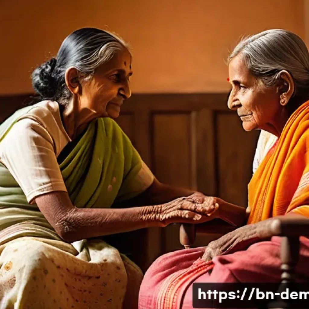 치매관리사 업무 중 발생하는 윤리적 문제 - A compassionate caregiver gently holding the hand of an elderly Bengali dementia patient in a warm, ...