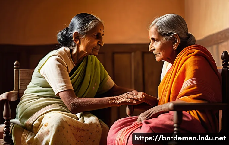치매관리사 업무 중 발생하는 윤리적 문제 - A compassionate caregiver gently holding the hand of an elderly Bengali dementia patient in a warm, ...