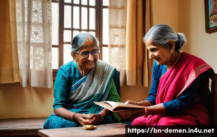 치매관리사 주간 사례 분석 - A warm, intimate scene depicting a Bengali family member gently holding the hand of an elderly demen...