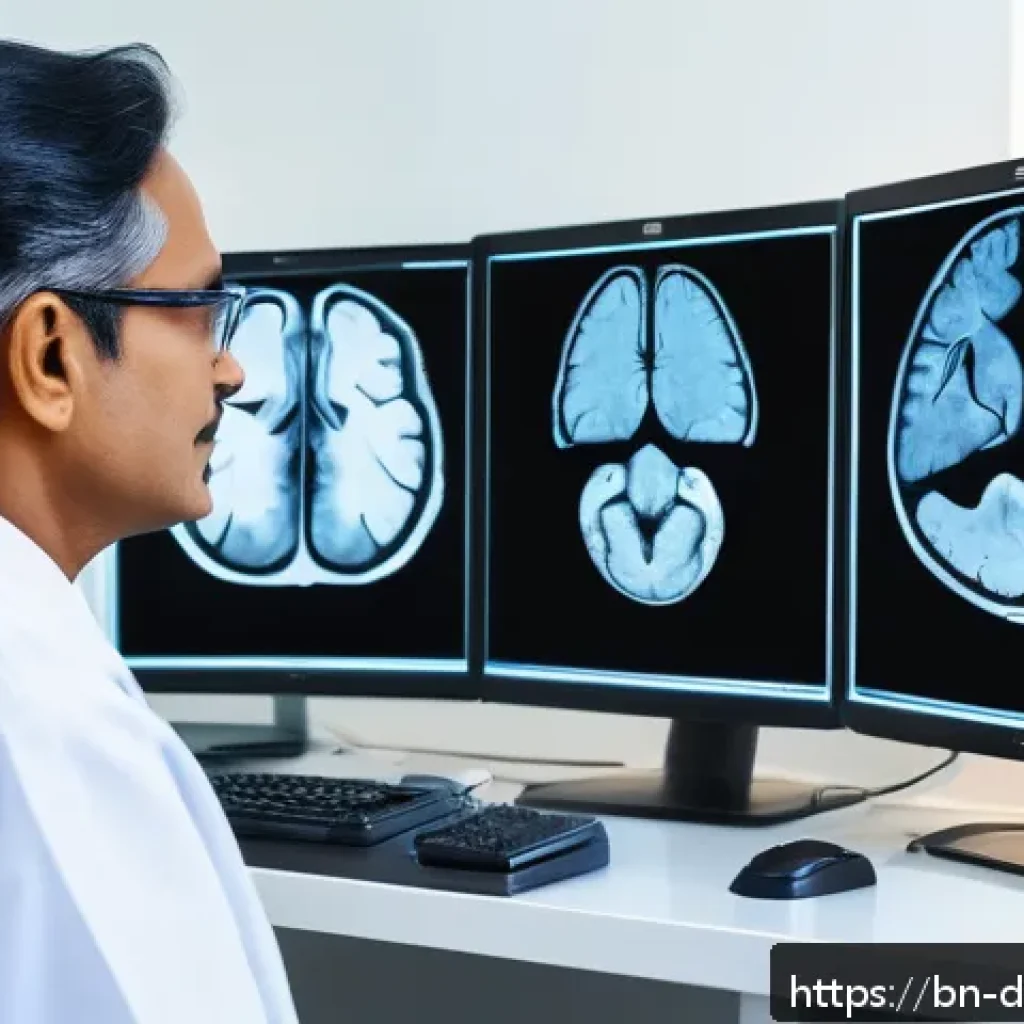 치매관리사와 치매 치료 트렌드 - A detailed medical clinic scene showing a Bengali neurologist analyzing advanced neuroimaging scans ...