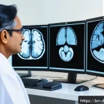 치매관리사와 치매 치료 트렌드 - A detailed medical clinic scene showing a Bengali neurologist analyzing advanced neuroimaging scans ...