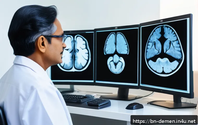 치매관리사와 치매 치료 트렌드 - A detailed medical clinic scene showing a Bengali neurologist analyzing advanced neuroimaging scans ...