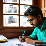 치매관리사 필기시험 과목별 공부법 - A focused Bengali student sitting at a wooden study desk in a cozy room, organizing a detailed daily...