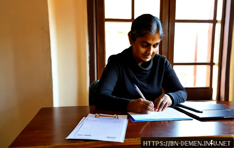 치매관리사 자격증 갱신 절차 - Photorealistic home office scene of a middle-aged Bengali woman organizing a dementia care certifica...