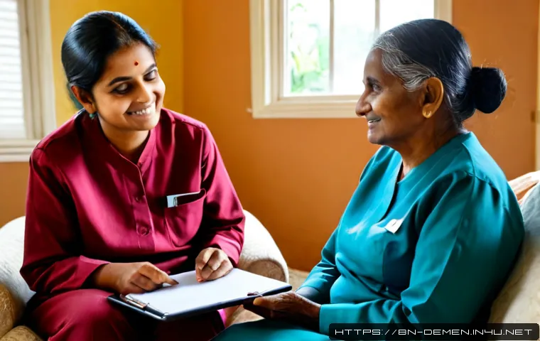 치매관리사 직업 만족도 조사 - Photorealistic documentary-style scene of a compassionate South Asian dementia care worker in a neat...